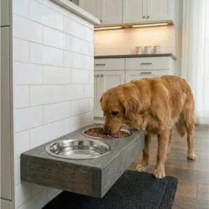 The Wall-mounted Haven: Upcycled Floating Solid Pine Pet Feeder