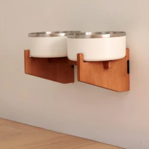 Wall-mounted Double Feeder – Handcrafted Solid Beech Floating Pet Station