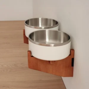 Wall-mounted Double Feeder – Handcrafted Solid Beech Floating Pet Station (4)